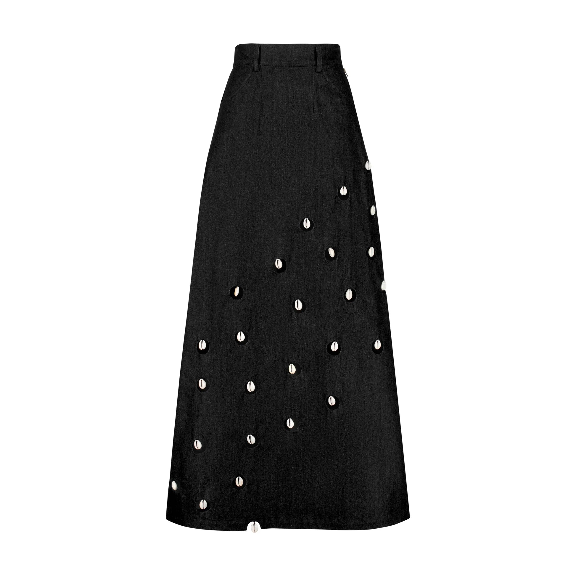 Designer Cowrie Detail Denim Maxi Skirt in Black color | ÚCHÈ