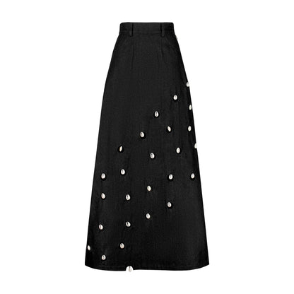 Designer Cowrie Detail Denim Maxi Skirt in Black color | ÚCHÈ