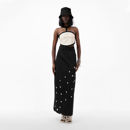 Designer Cowrie Detail Denim Maxi Skirt in Black color | ÚCHÈ
Designer Sequin Denim Detail Crop Top in Cream color with Black denim detail | ÚCHÈ