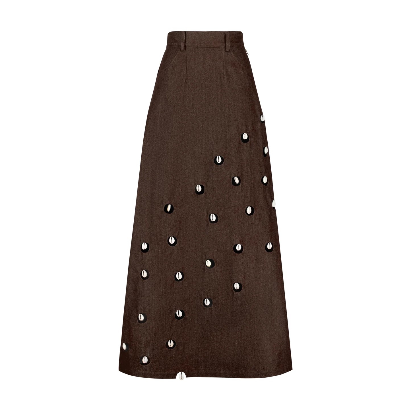 Designer Cowrie Detail Denim Maxi Skirt in Brown color | ÚCHÈ