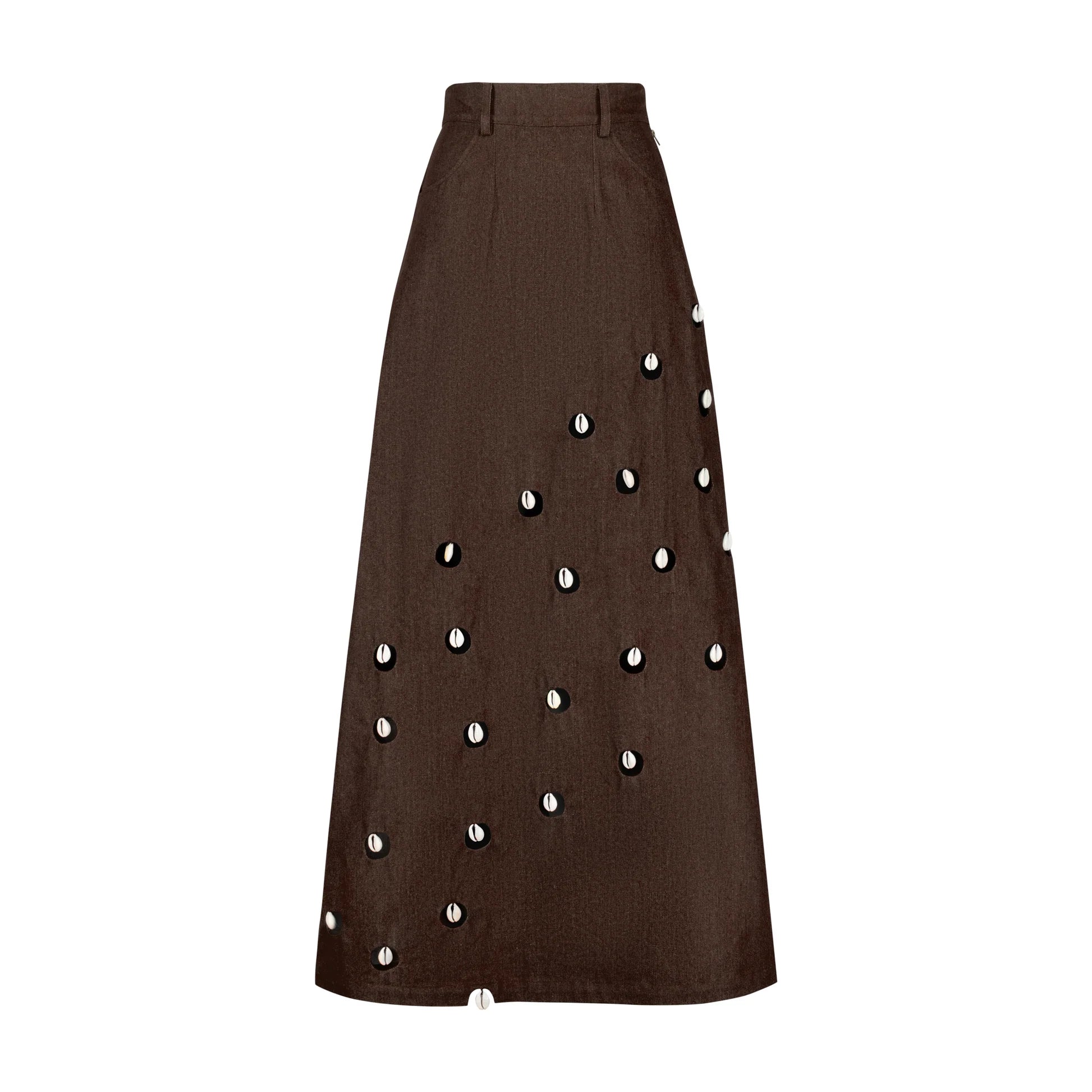 Designer Cowrie Detail Denim Maxi Skirt in Brown color | ÚCHÈ