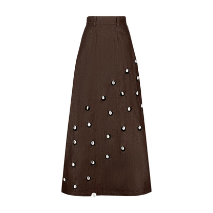 Designer Cowrie Detail Denim Maxi Skirt in Brown color | ÚCHÈ