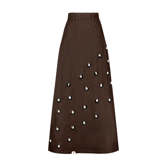 Designer Cowrie Detail Denim Maxi Skirt in Brown color | ÚCHÈ