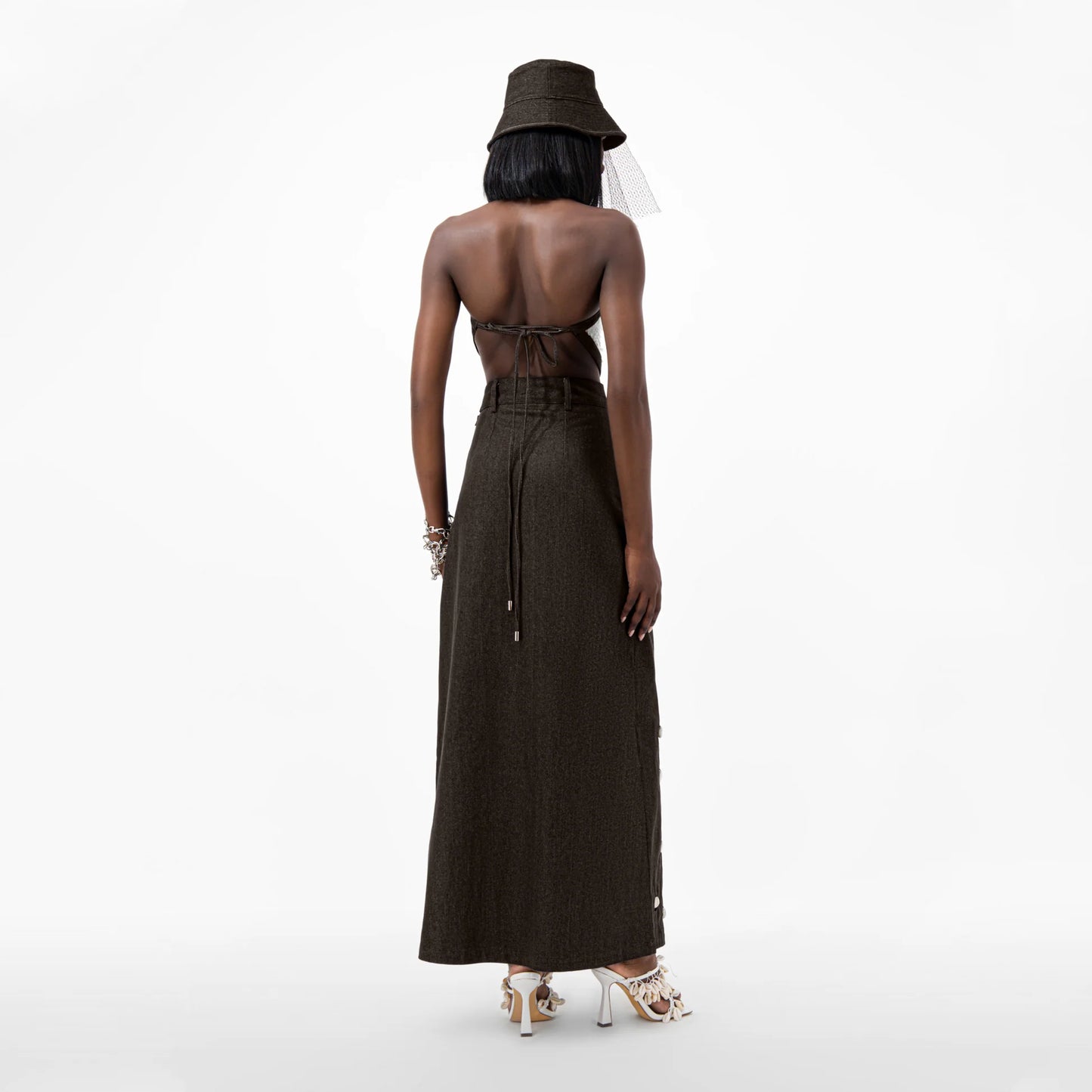 Designer Cowrie Detail Denim Maxi Skirt in Brown color | ÚCHÈ
Designer Sequin Denim Detail Crop Top in Cream color with Brown denim detail | ÚCHÈ