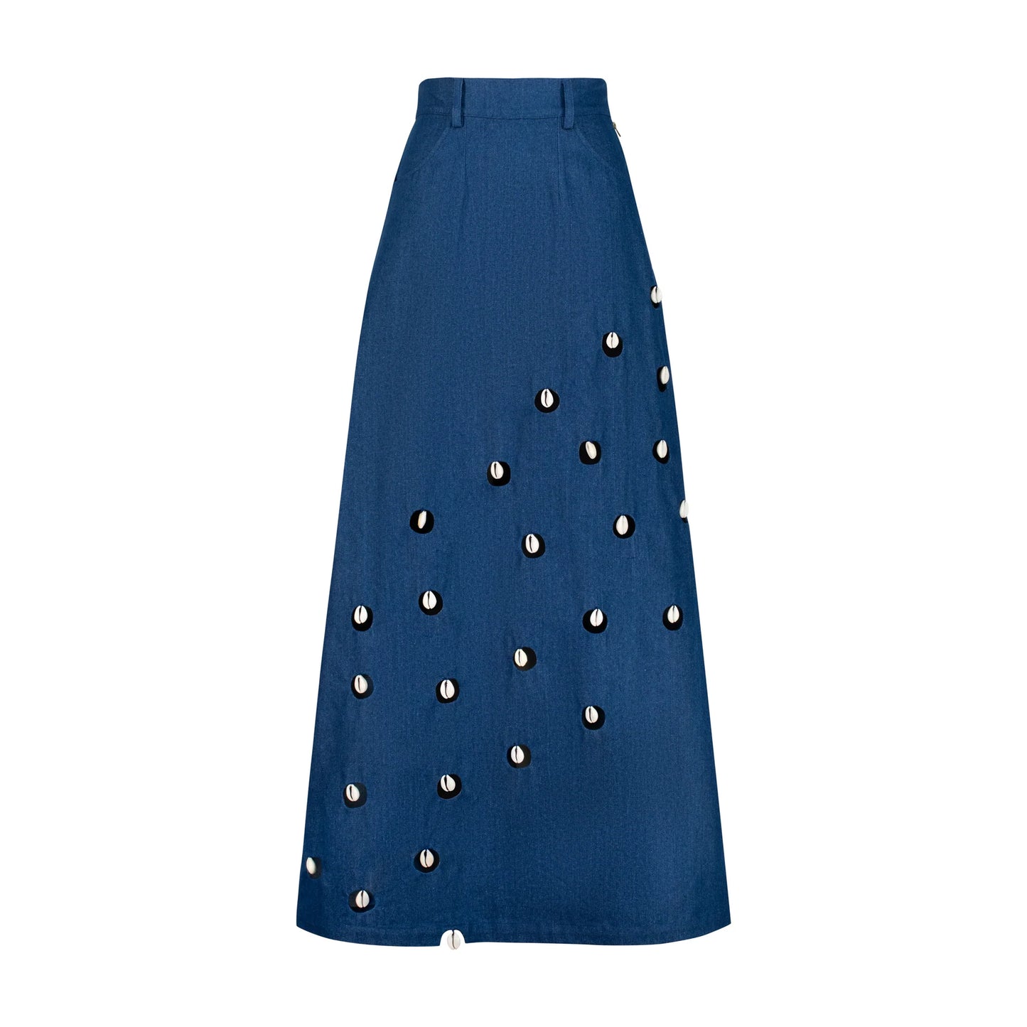 Designer Cowrie Detail Denim Maxi Skirt in Blue color | ÚCHÈ