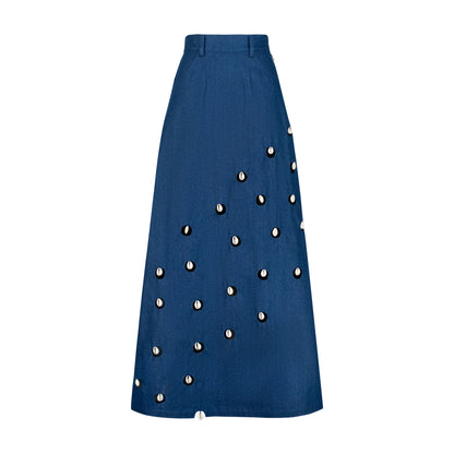 Designer Cowrie Detail Denim Maxi Skirt in Blue color | ÚCHÈ