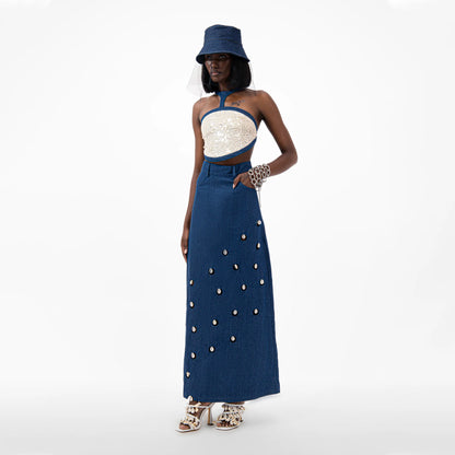 Designer Cowrie Detail Denim Maxi Skirt in Blue color | ÚCHÈ
Designer Sequin Denim Detail Crop Top in Cream color with Blue denim detail | ÚCHÈ