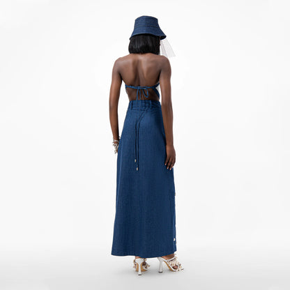 Designer Cowrie Detail Denim Maxi Skirt in Blue color | ÚCHÈ
Designer Sequin Denim Detail Crop Top in Cream color with Blue denim detail | ÚCHÈ