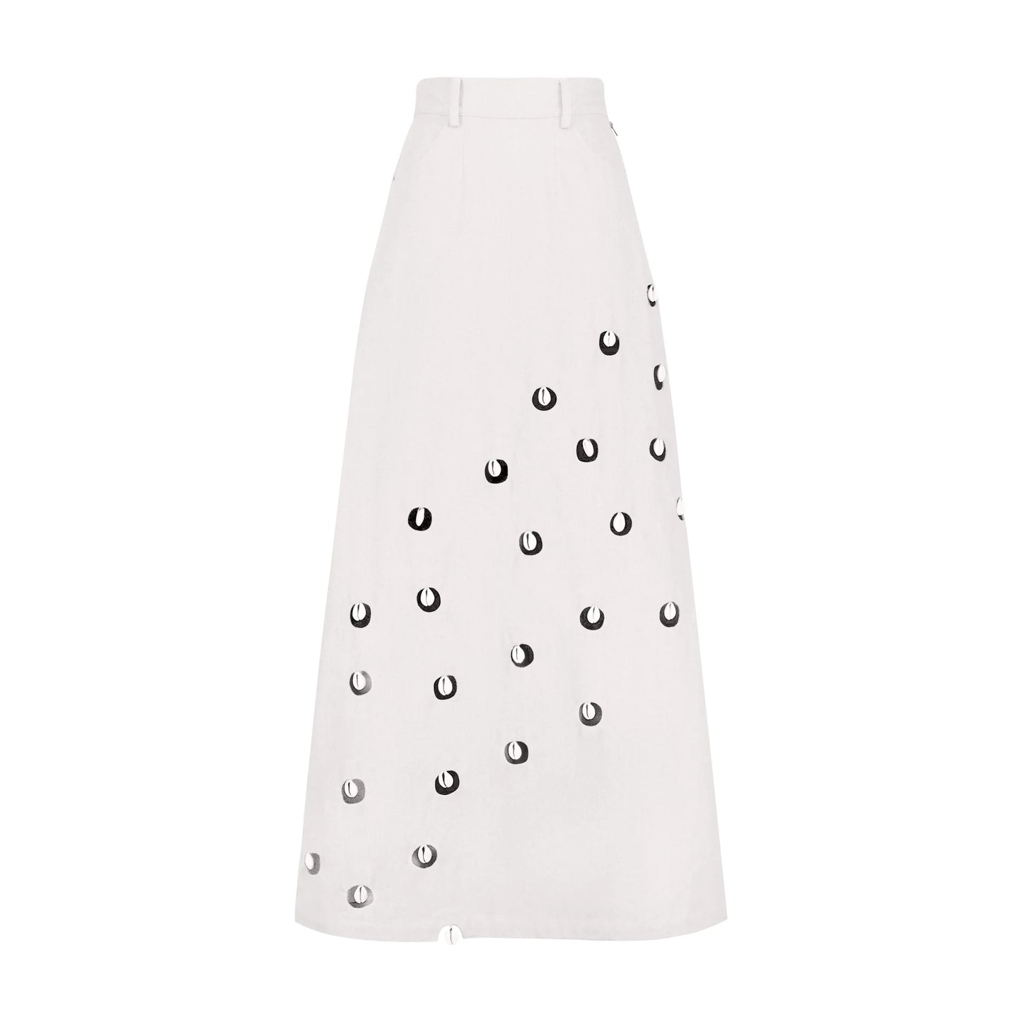 Designer Cowrie Detail Denim Maxi Skirt in White color | ÚCHÈ