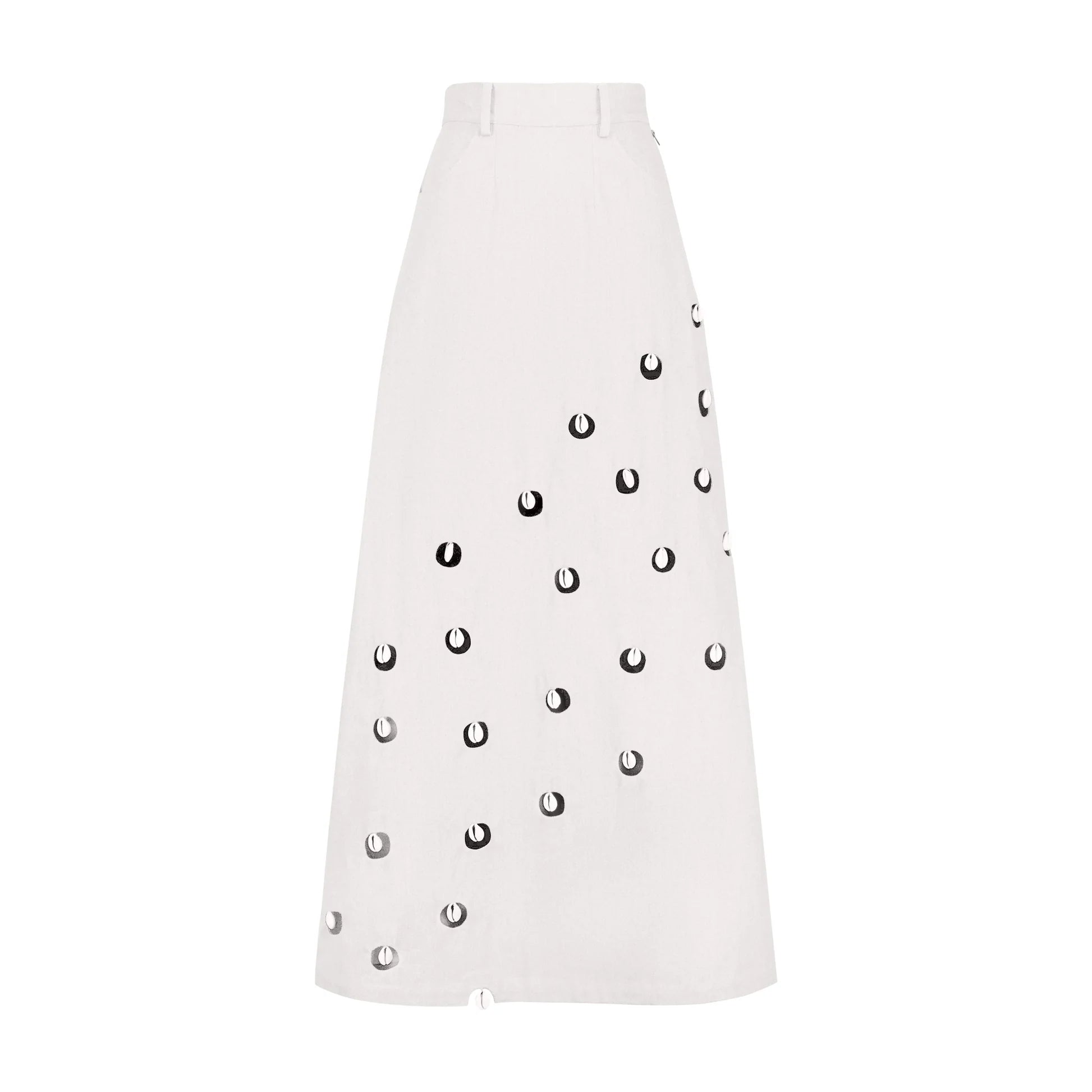 Designer Cowrie Detail Denim Maxi Skirt in White color | ÚCHÈ