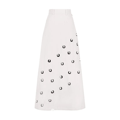 Designer Cowrie Detail Denim Maxi Skirt in White color | ÚCHÈ