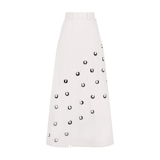 Designer Cowrie Detail Denim Maxi Skirt in White color | ÚCHÈ