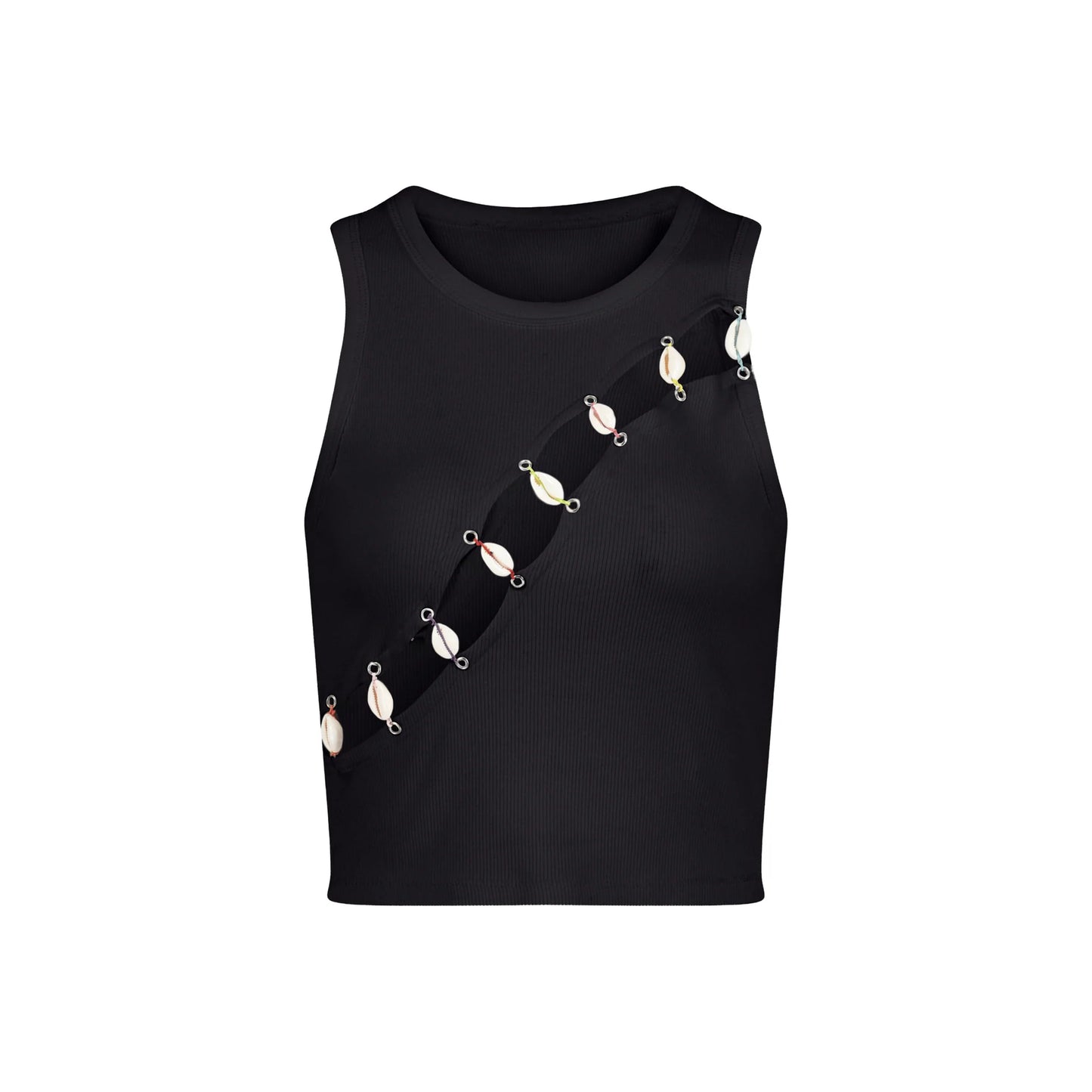 Designer Cowrie Embellished Tank Top in Black | ÚCHÈ