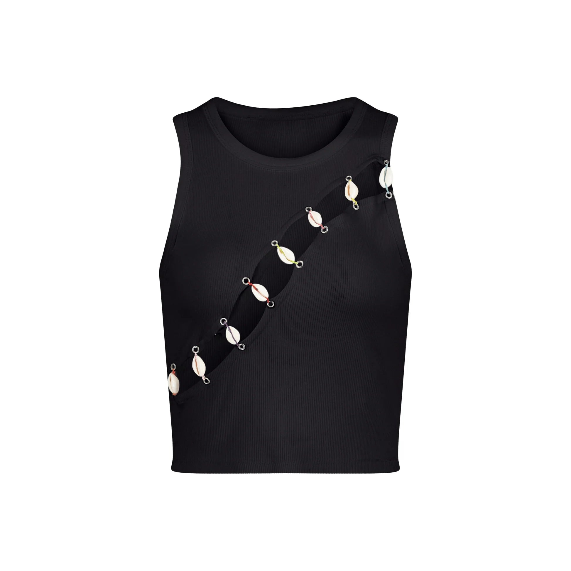 Designer Cowrie Embellished Tank Top in Black | ÚCHÈ