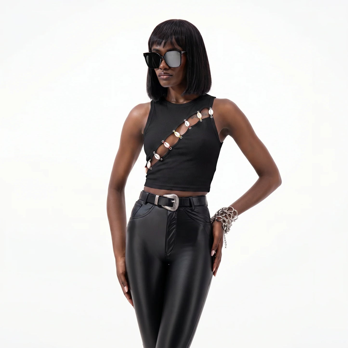Designer Cowrie Embellished Tank Top in Black | ÚCHÈ