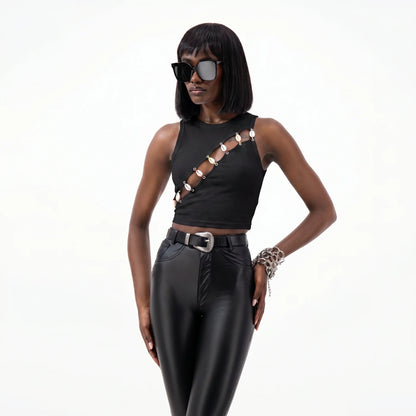 Designer Cowrie Embellished Tank Top in Black | ÚCHÈ