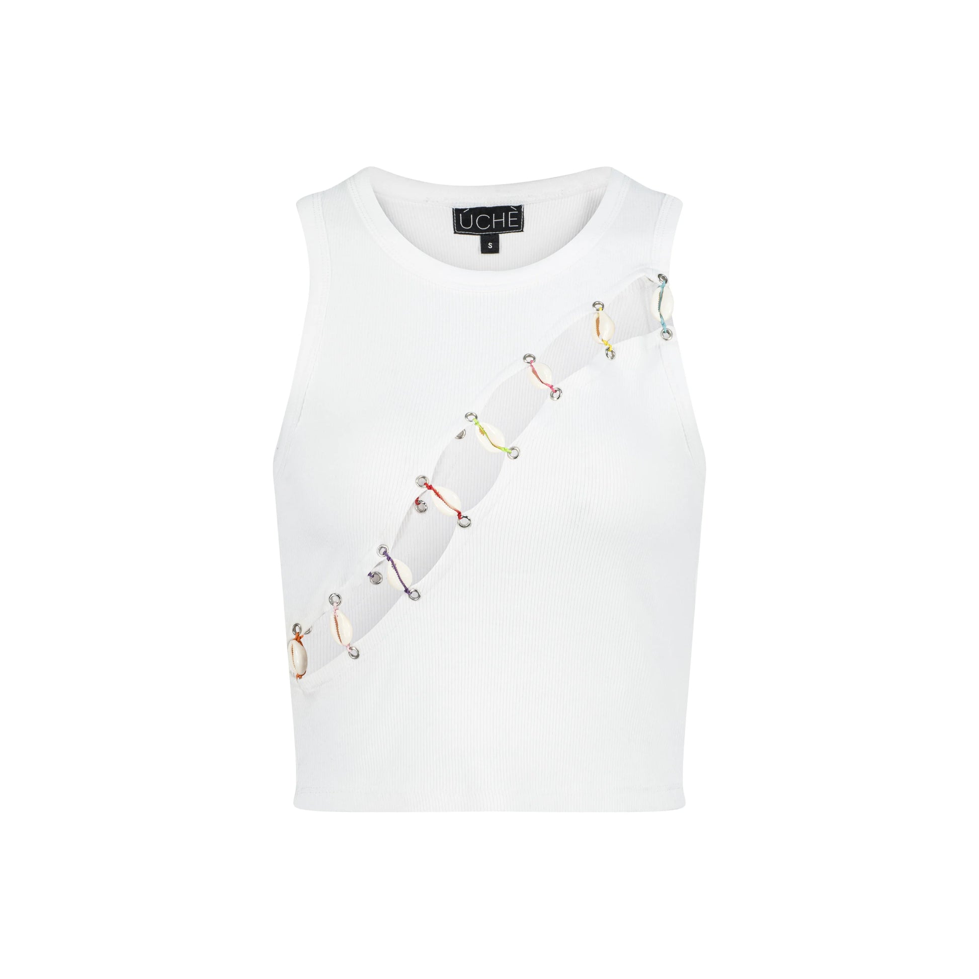 Designer Cowrie Embellished Tank Top in White | ÚCHÈ