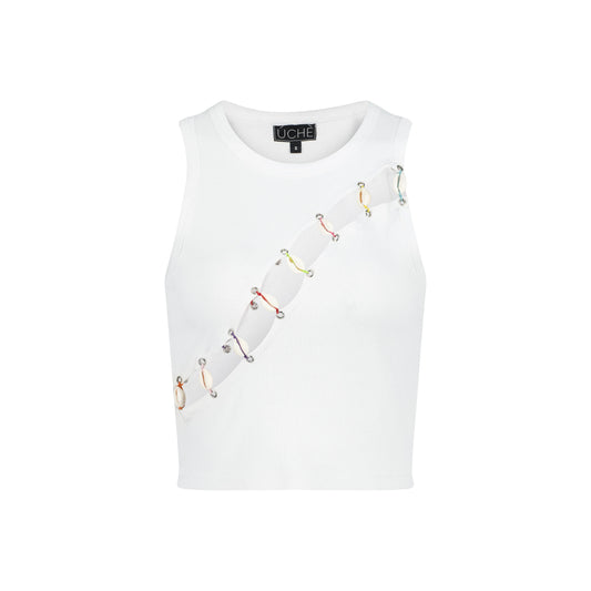 Designer Cowrie Embellished Tank Top in White | ÚCHÈ