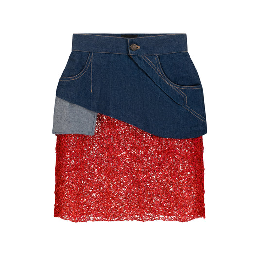 ÚCHÈ Denim Mini Skirt with Lace - Blue/Red