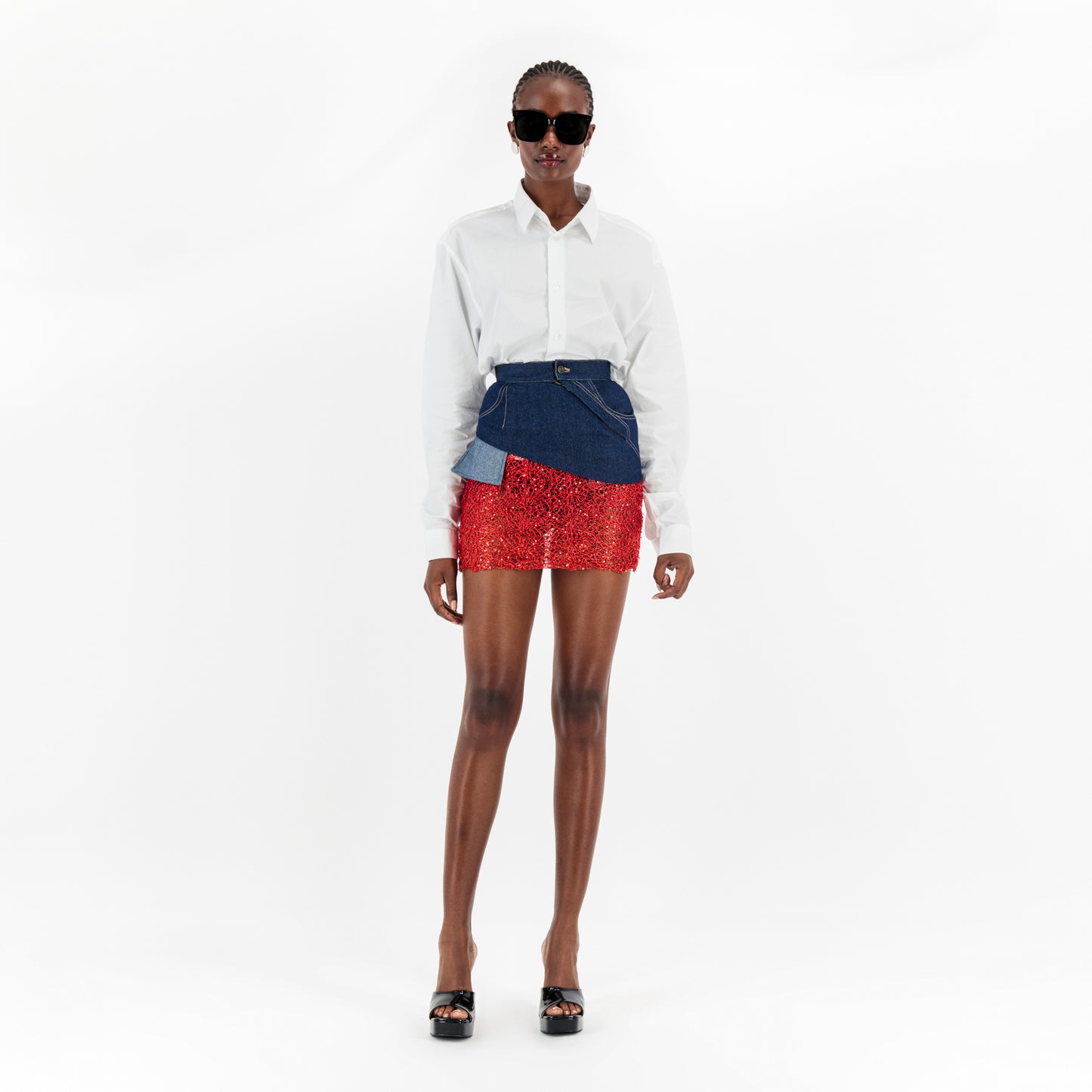 ÚCHÈ Denim Mini Skirt with Lace - Blue/Red