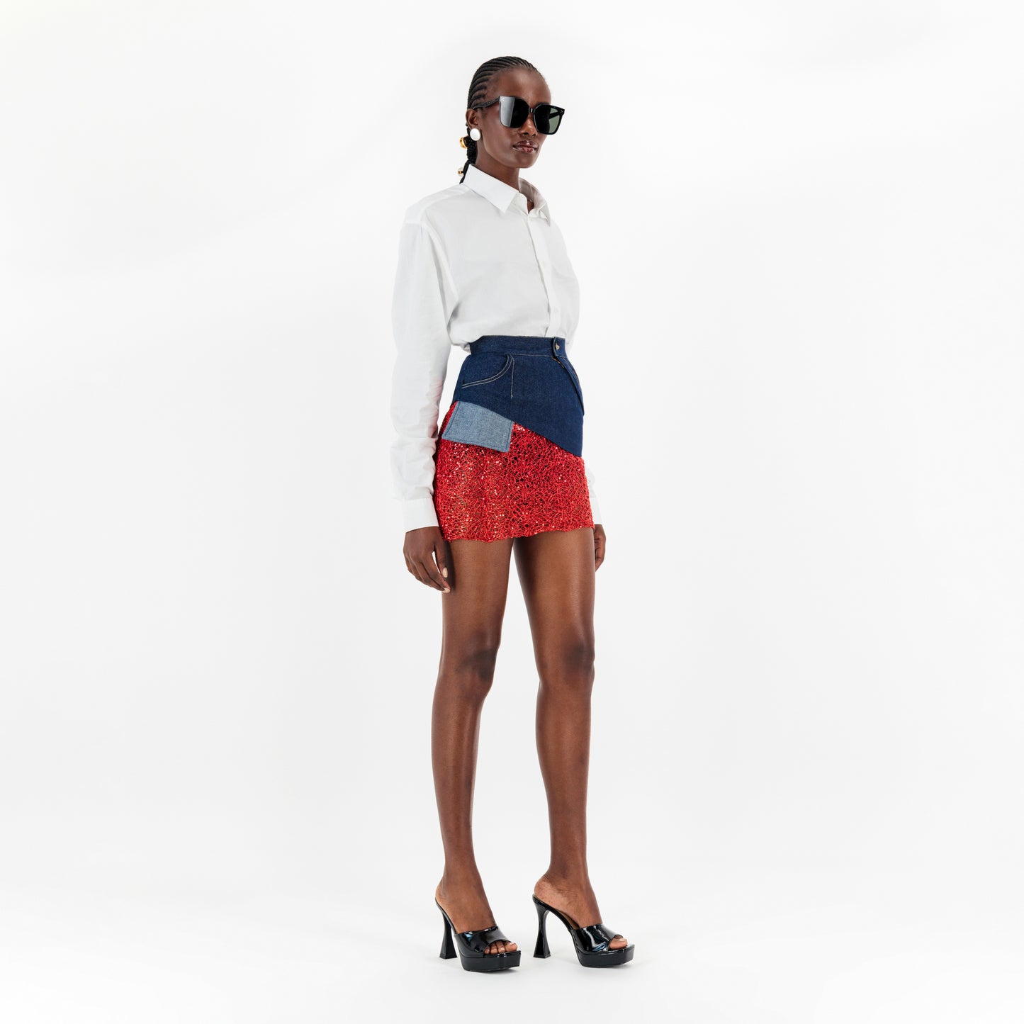ÚCHÈ Denim Mini Skirt with Lace - Blue/Red