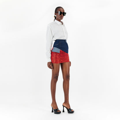 ÚCHÈ Denim Mini Skirt with Lace - Blue/Red