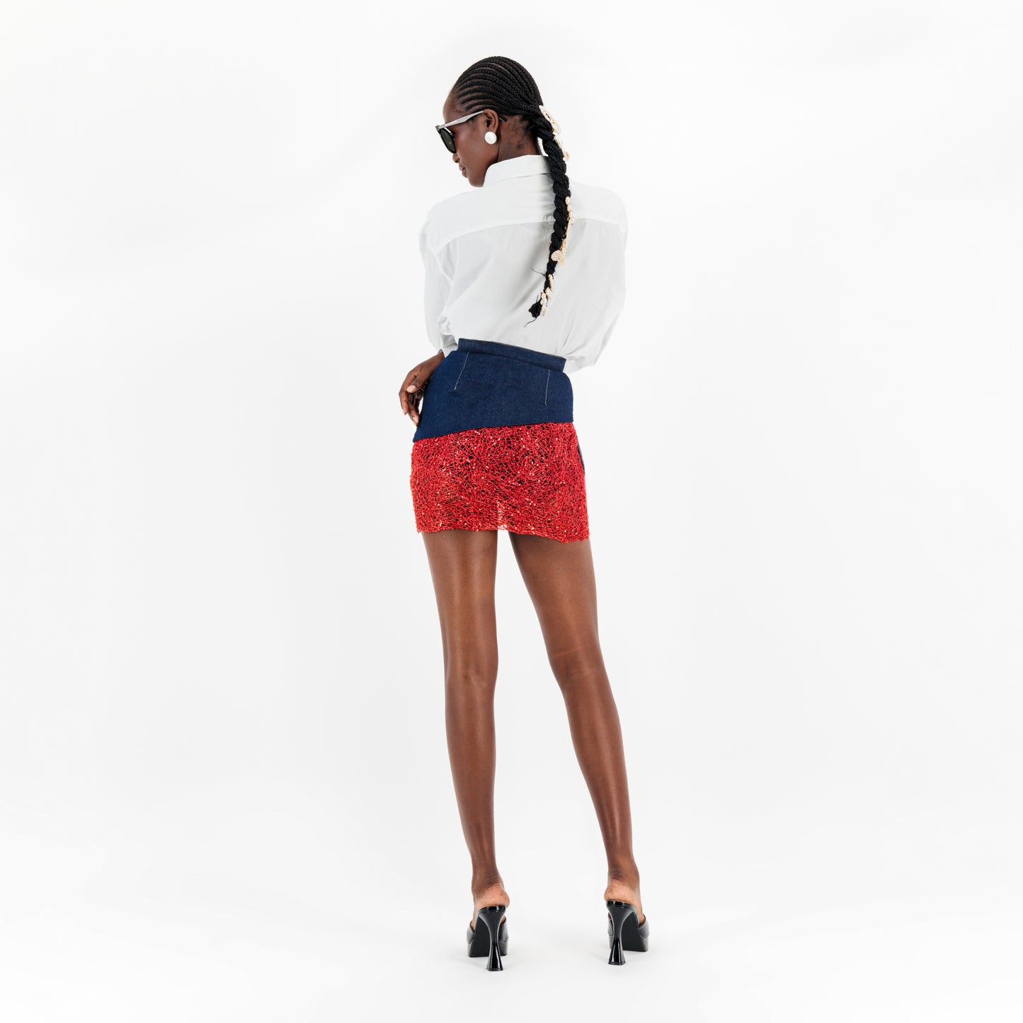 ÚCHÈ Denim Mini Skirt with Lace - Blue/Red