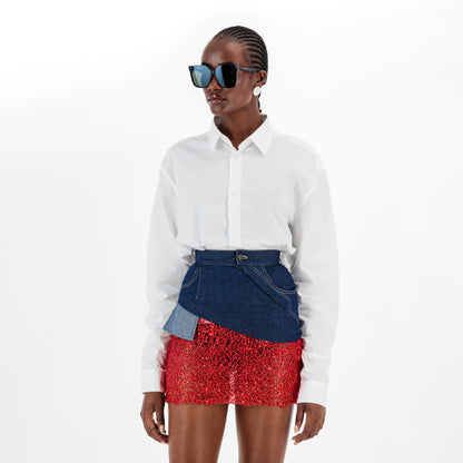 ÚCHÈ Denim Mini Skirt with Lace - Blue/Red