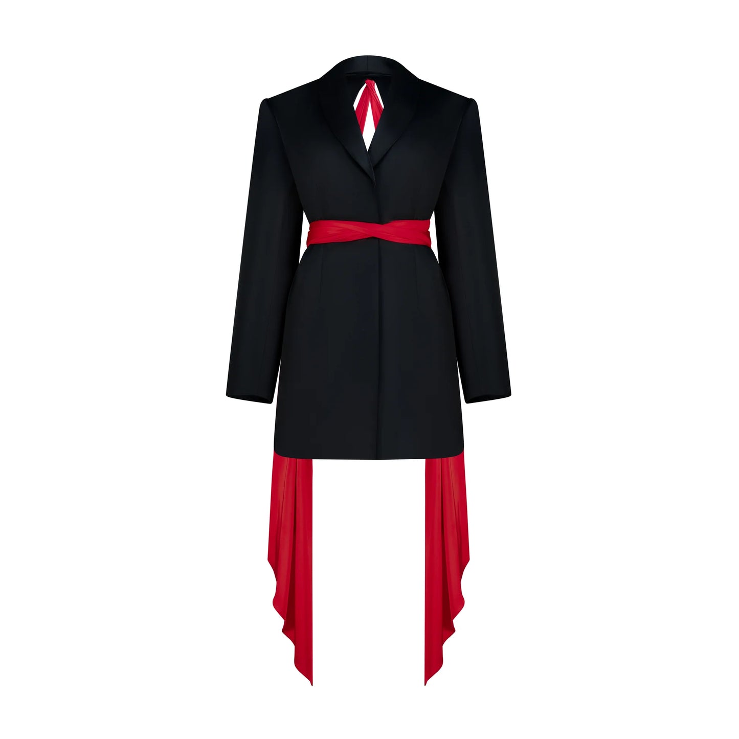 Designer Draped Oversize Women's Blazer in Black color with Red scarf | ÚCHÈ