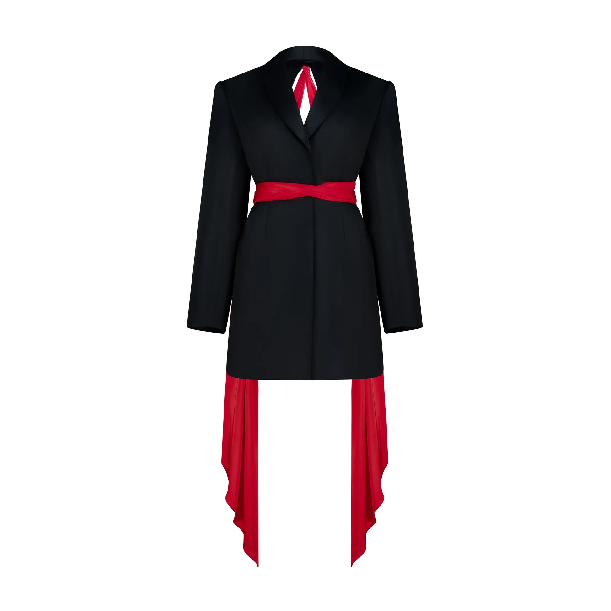 Designer Draped Oversize Women's Blazer in Black color with Red scarf | ÚCHÈ