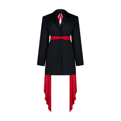 Designer Draped Oversize Women's Blazer in Black color with Red scarf | ÚCHÈ
