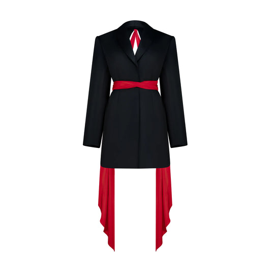Designer Draped Oversize Women's Blazer in Black color with Red scarf | ÚCHÈ