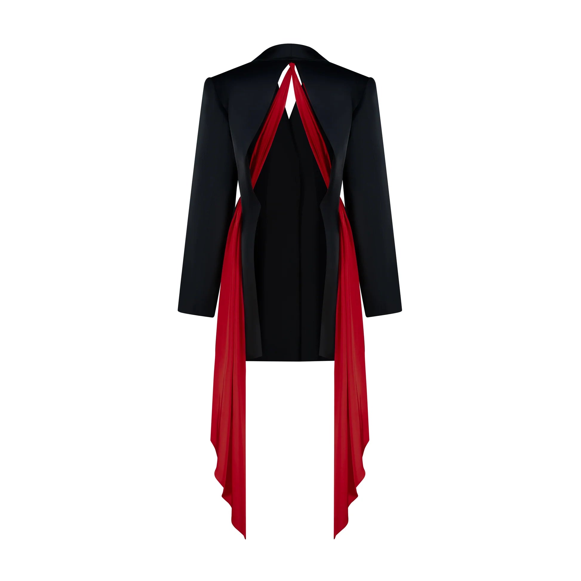 Designer Draped Oversize Women's Blazer in Black color with Red scarf | ÚCHÈ
