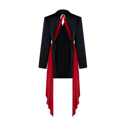 Designer Draped Oversize Women's Blazer in Black color with Red scarf | ÚCHÈ