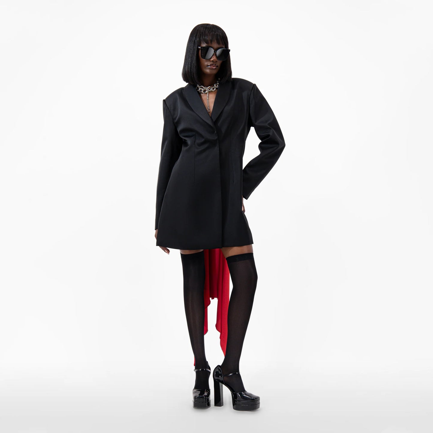 Designer Draped Oversize Women's Blazer in Black color with Red scarf | ÚCHÈ