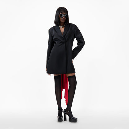 Designer Draped Oversize Women's Blazer in Black color with Red scarf | ÚCHÈ