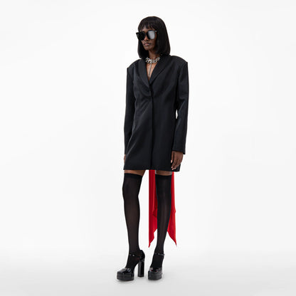 Designer Draped Oversize Women's Blazer in Black color with Red scarf | ÚCHÈ