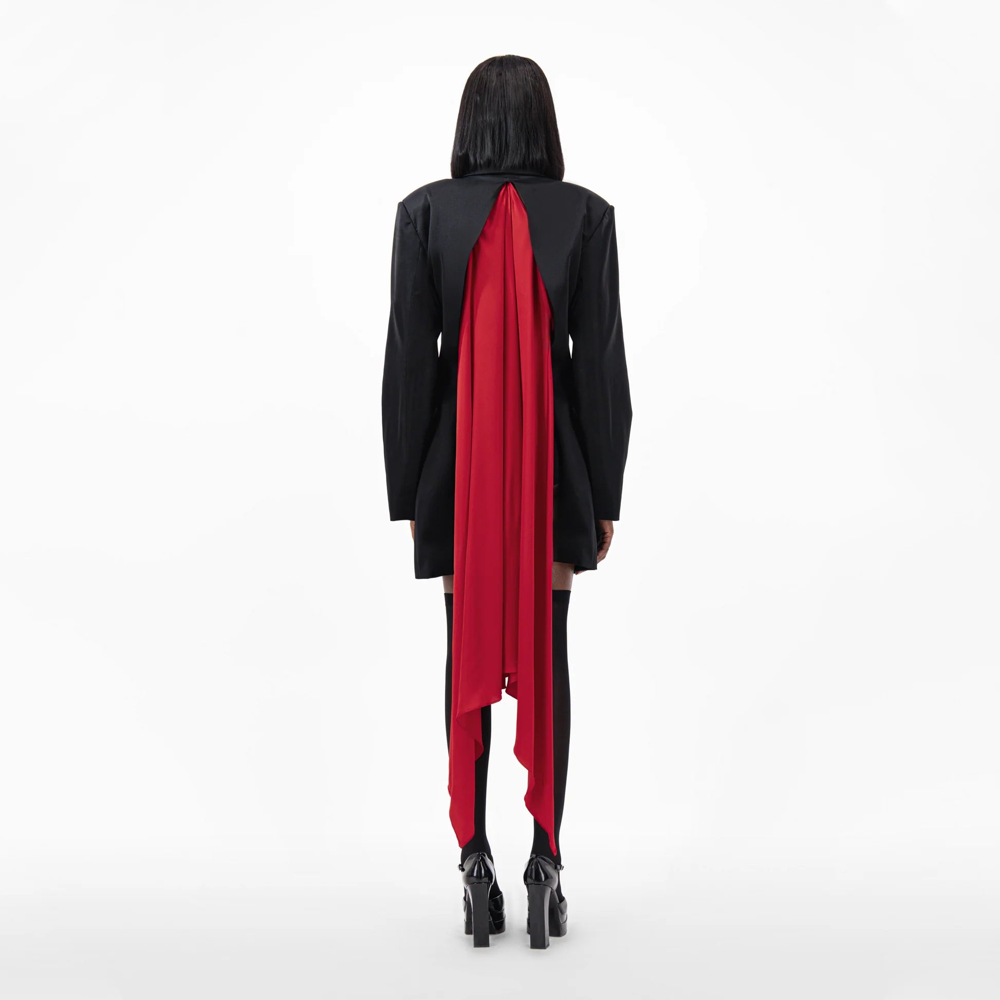 Designer Draped Oversize Women's Blazer in Black color with Red scarf | ÚCHÈ