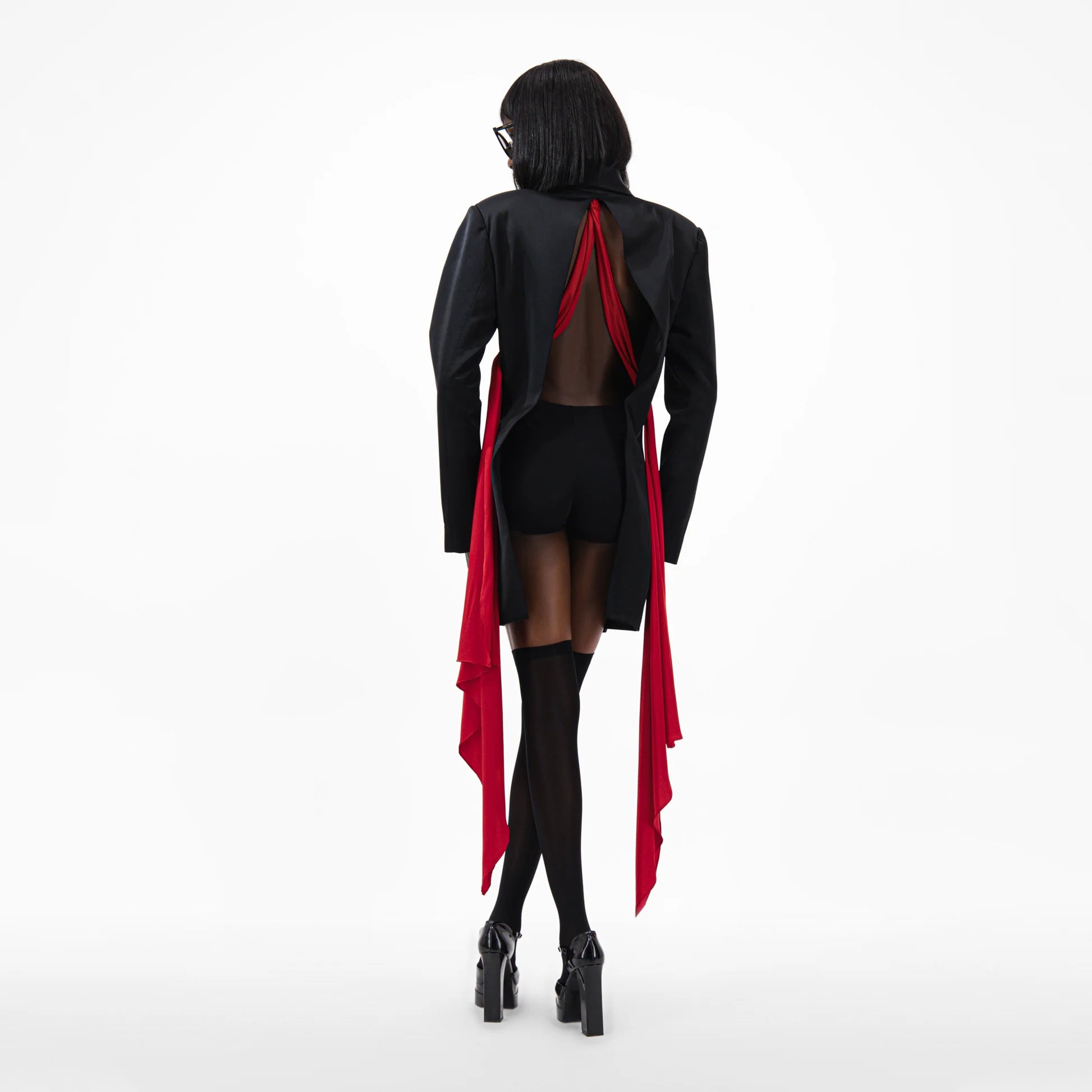 Designer Draped Oversize Women's Blazer in Black color with Red scarf | ÚCHÈ