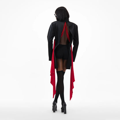 Designer Draped Oversize Women's Blazer in Black color with Red scarf | ÚCHÈ