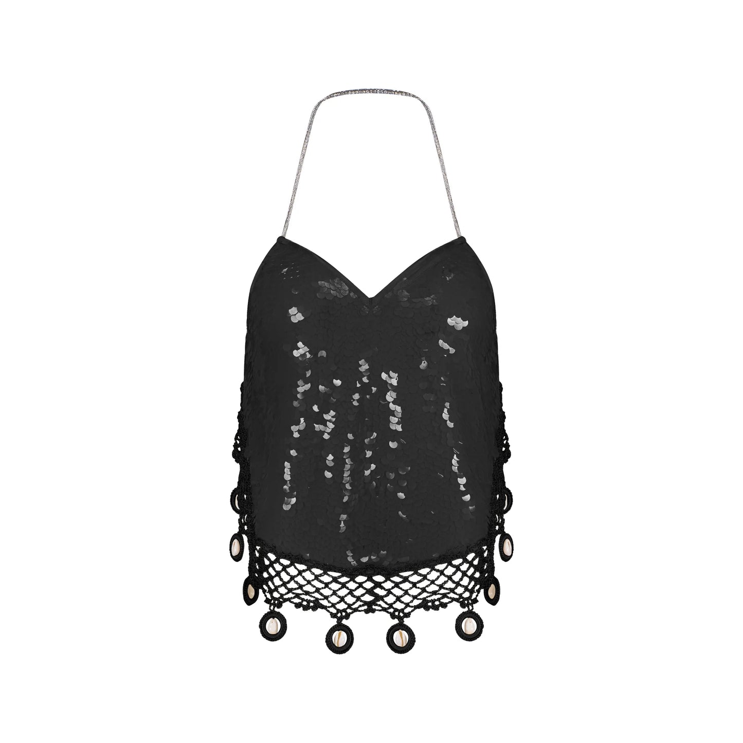 Designer Sequin Halter Neck Crop Top With Cowrie Shells in Black | ÚCHÈ