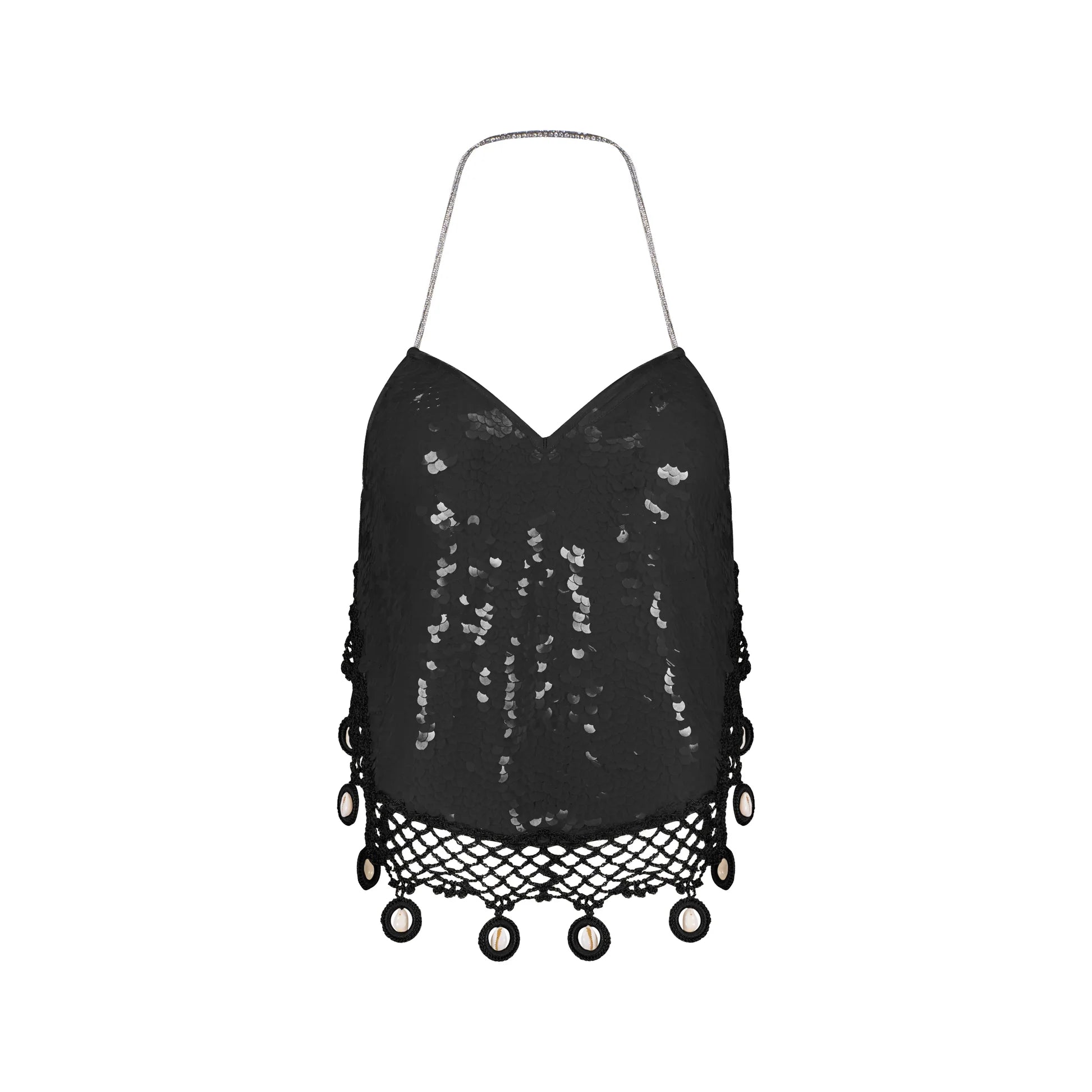 Designer Sequin Halter Neck Crop Top With Cowrie Shells in Black | ÚCHÈ