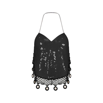Designer Sequin Halter Neck Crop Top With Cowrie Shells in Black | ÚCHÈ