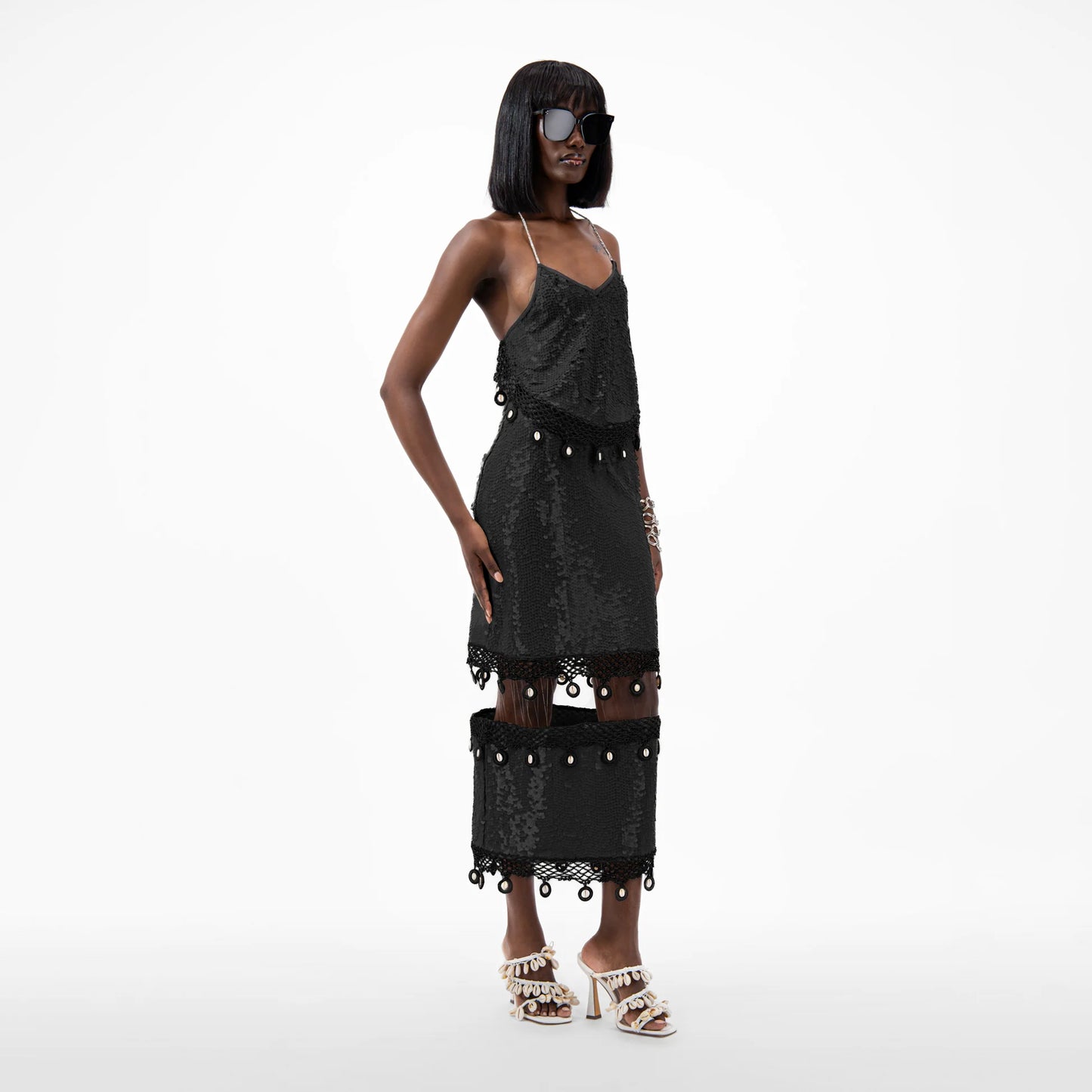 Designer Sequin Halter Neck Crop Top With Cowrie Shells in Black | ÚCHÈ
