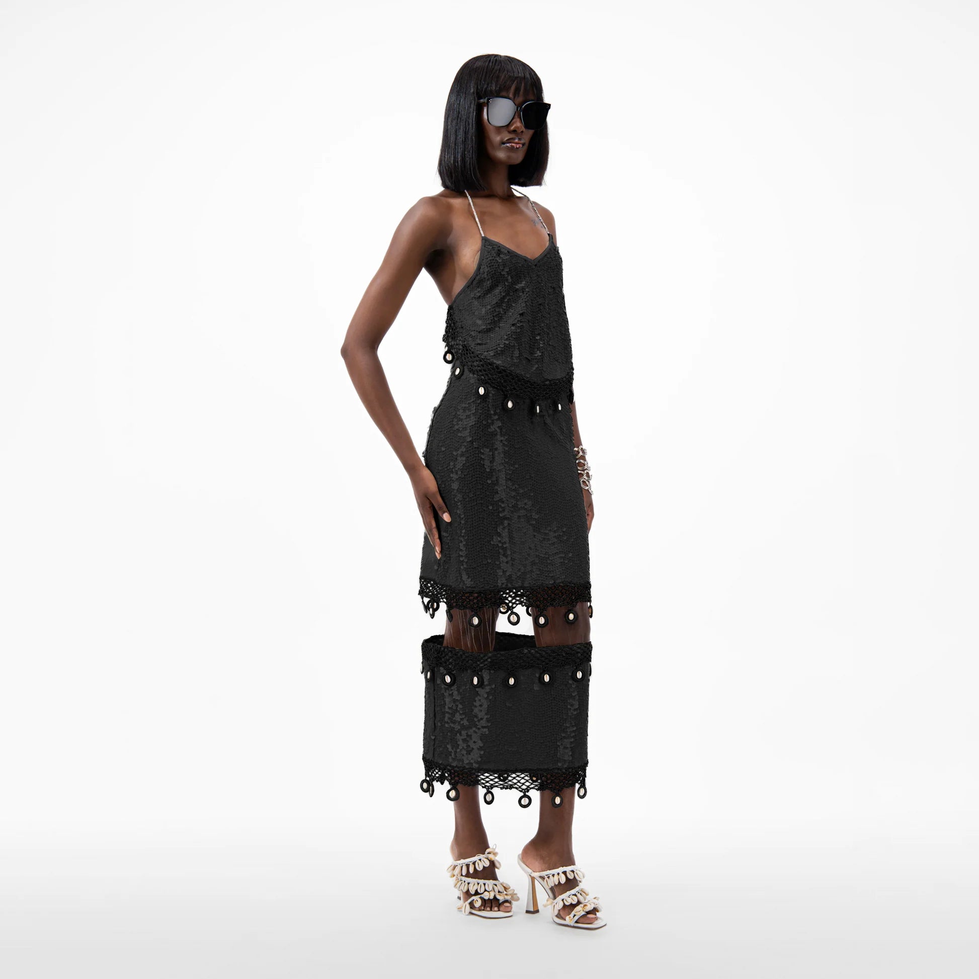 Designer Sequin Halter Neck Crop Top With Cowrie Shells in Black | ÚCHÈ