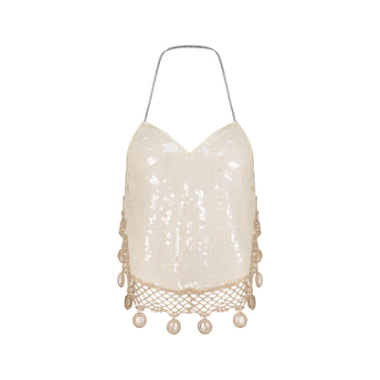 Designer Sequin Halter Neck Crop Top With Cowrie Shells in Cream | ÚCHÈ