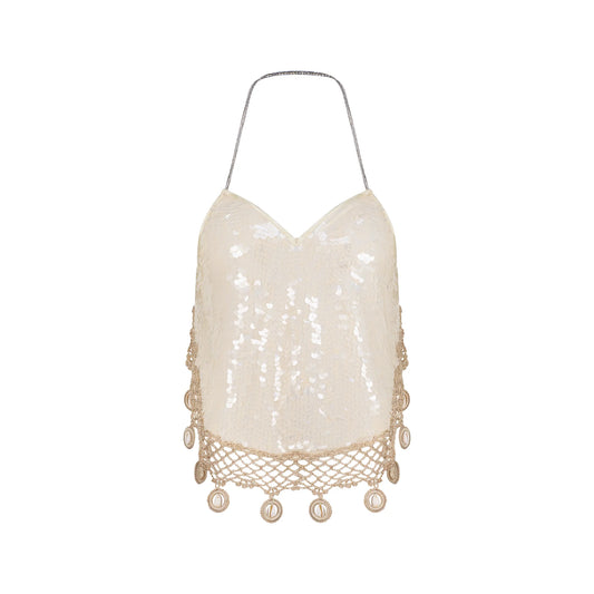 Designer Sequin Halter Neck Crop Top With Cowrie Shells in Cream | ÚCHÈ