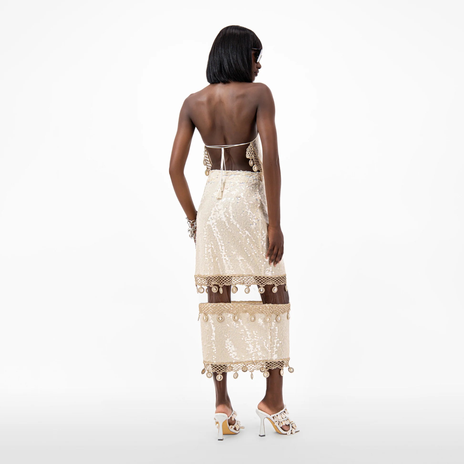 Designer Sequin Halter Neck Crop Top With Cowrie Shells in Cream | ÚCHÈ