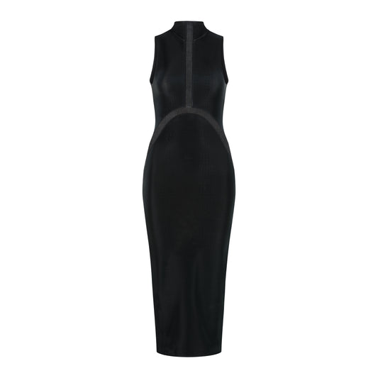 ÚCHÈ Sheer Paneling Cut Out Crocodile Print Midi Dress - Black