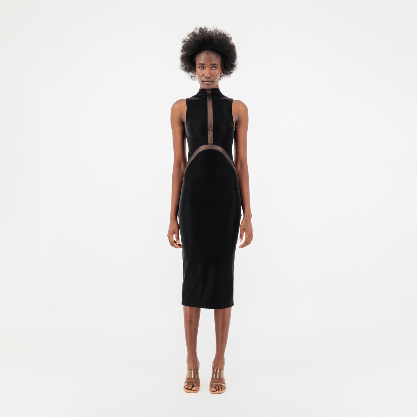 ÚCHÈ Sheer Paneling Cut Out Crocodile Print Midi Dress - Black